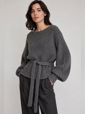 Sea New York Nellie Belted Chunky Knit Sweater Gray Wool Cashmere Blend Size S